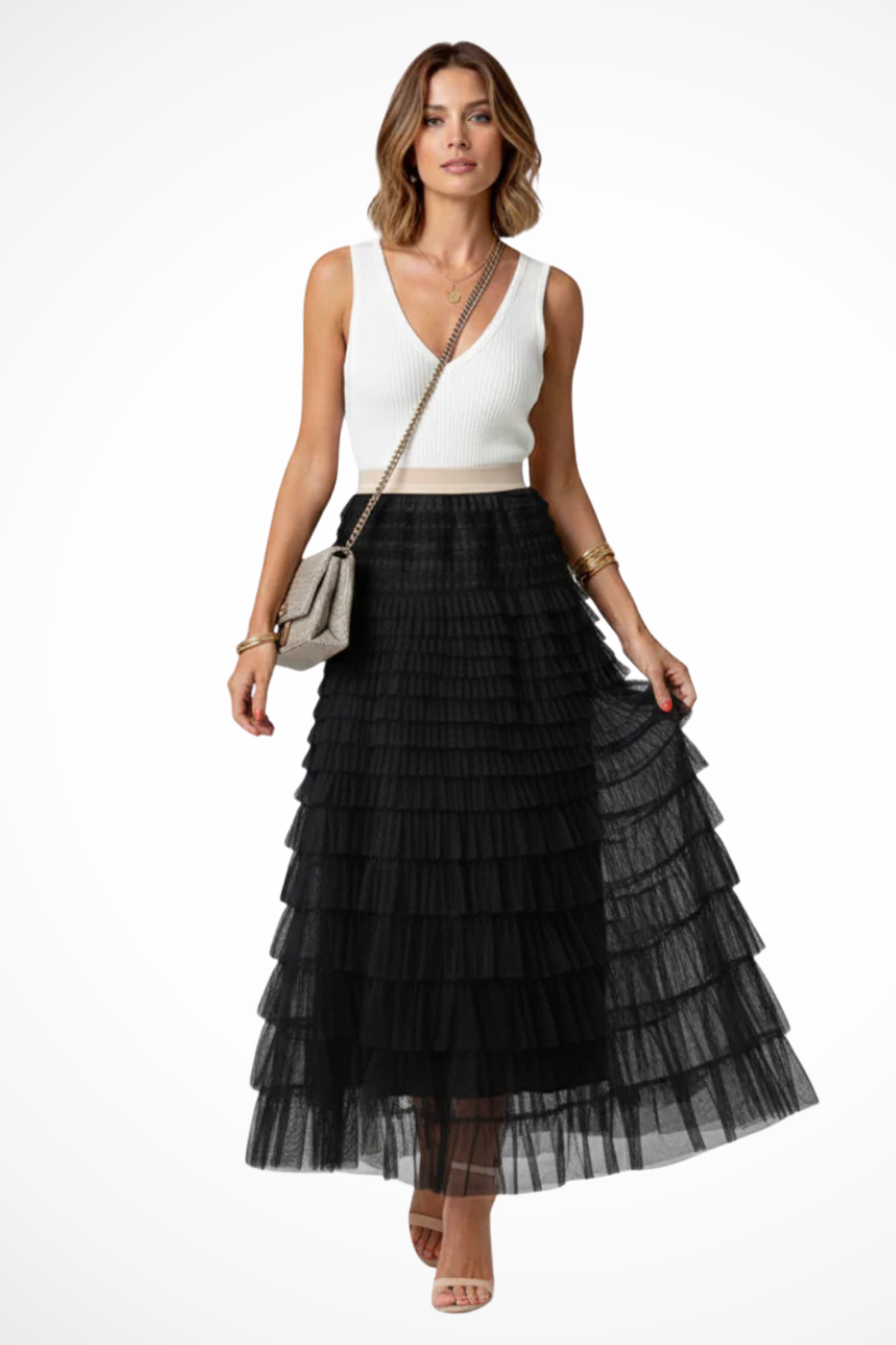 High-waist tiered midi skirt for women in an elegant flowing design, available in chic black and beige.