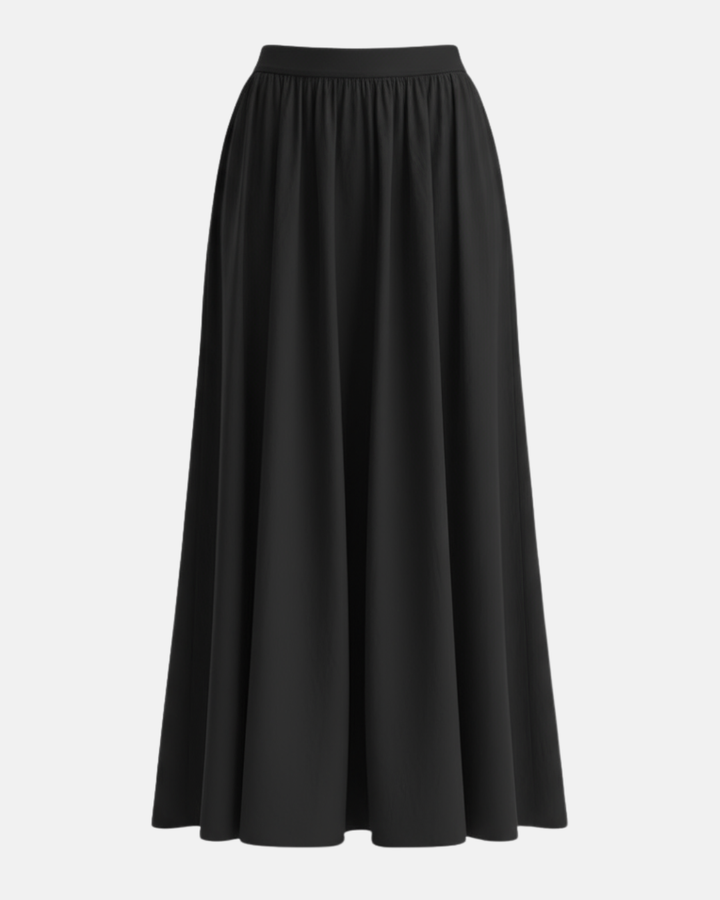 Elegant women's high-waisted flowing midi skirt, perfect for versatile office or casual chic wear. Solid color.