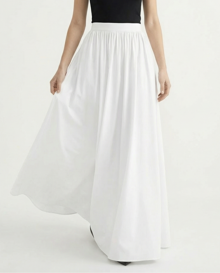 Modern classic women's high-waisted flowing A-line midi skirt, elegant and versatile for any wardrobe.
