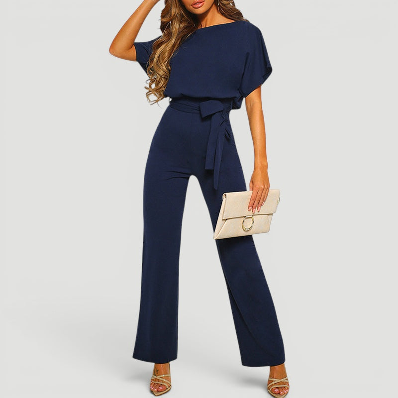 Belted women's high waisted wide leg jumpsuit, an elegant and comfortable one-piece for sophisticated fashion.