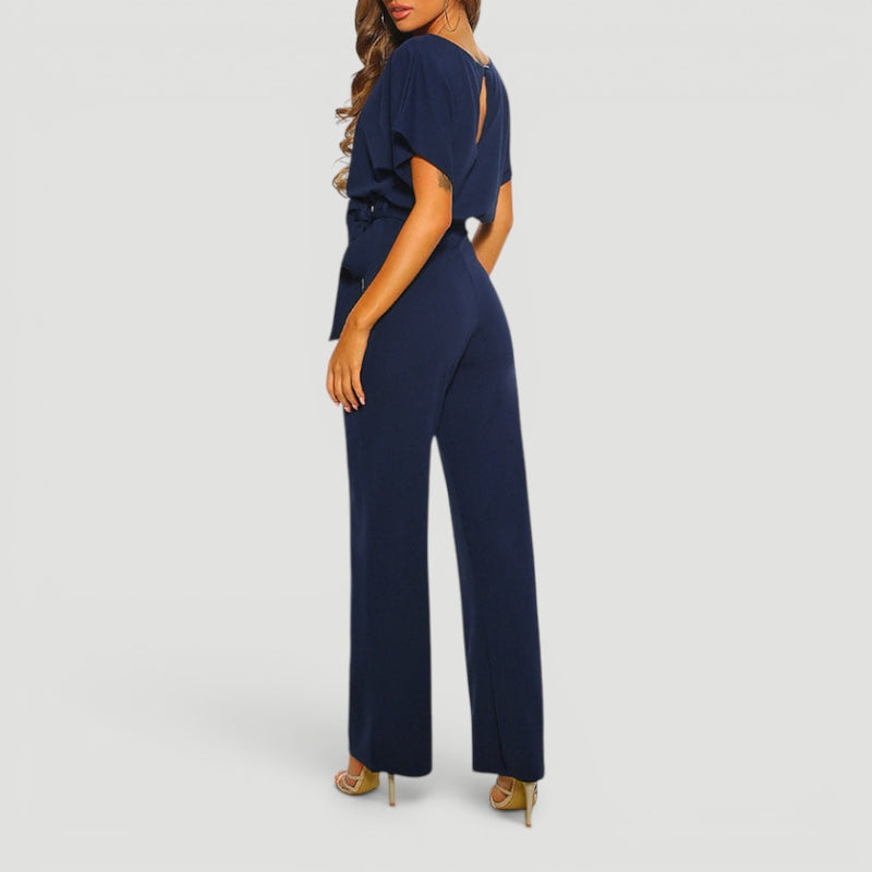 Simple yet elegant women's high waisted wide leg jumpsuit, a comfortable one-piece for stylish spring outfits.