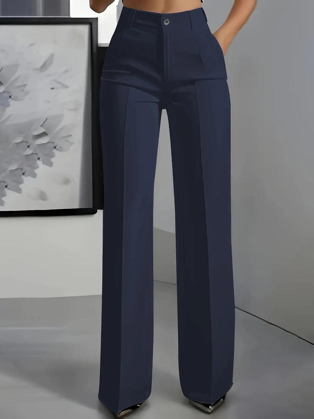 Elegant women's high waisted wide leg trousers with stylish front pleats, perfect for office or formal wear.