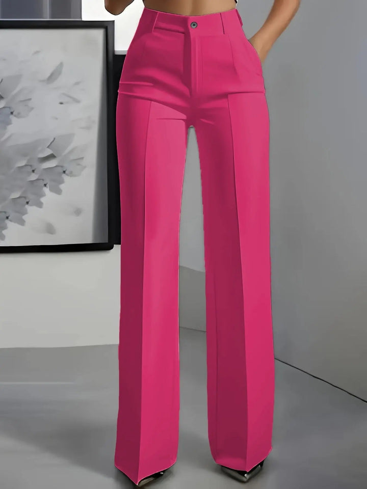 Stylish high waisted wide leg trousers for women, designed with elegant front pleats & a comfortable fit.