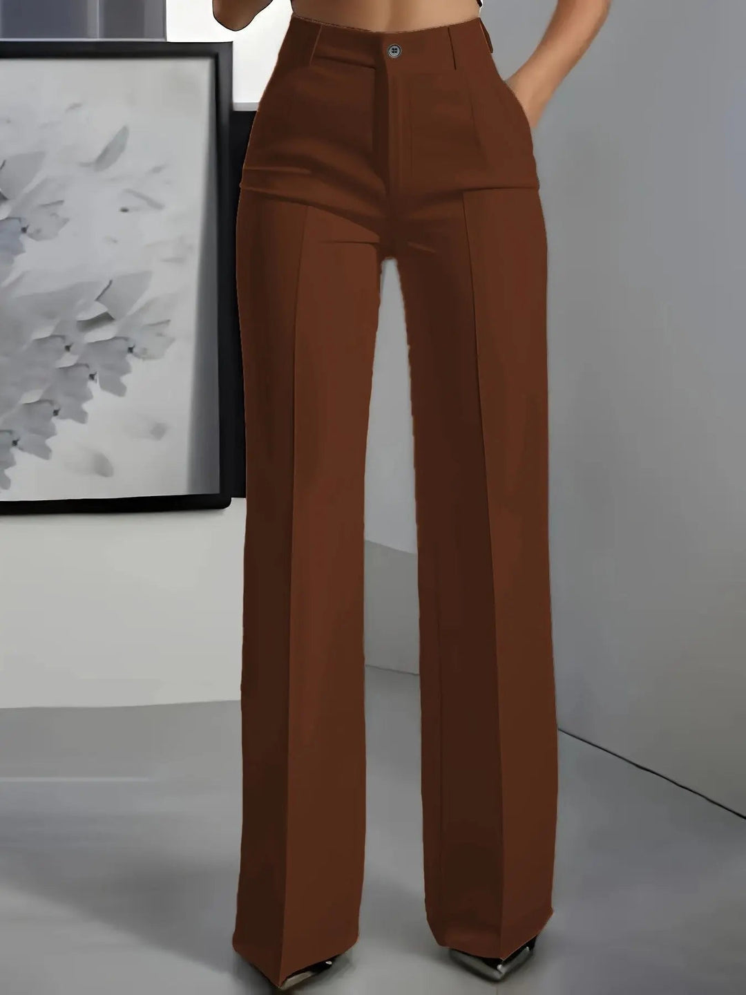Comfortable women's formal wide leg pants, high waisted design with subtle front pleats for a smart outfit.