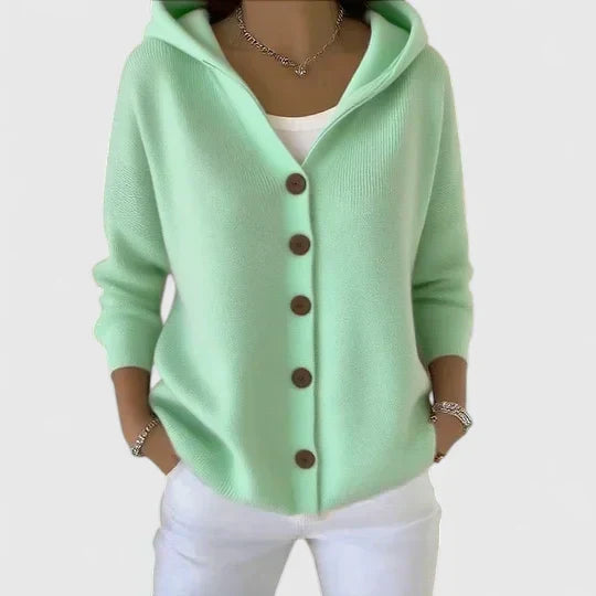 Elegant women's hooded button-down cardigan. Long sleeve knit for stylish layering & casual outerwear.