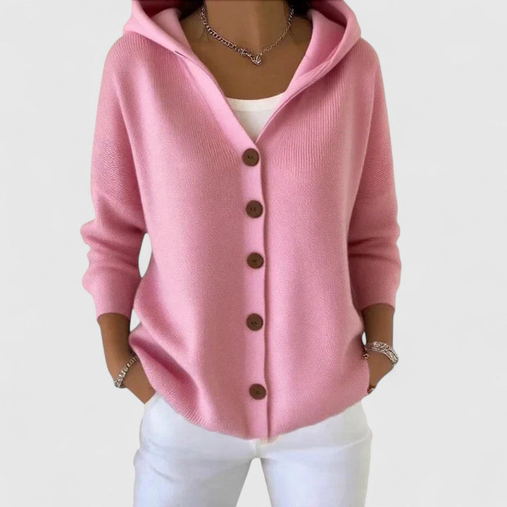 Comfortable women's hooded button-down cardigan, ideal for elegant casual layering outerwear. Long sleeve.