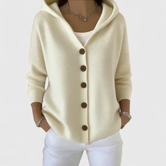 Women's long sleeve hooded button-down cardigan. Elegant casual outerwear for versatile layering & fashion.