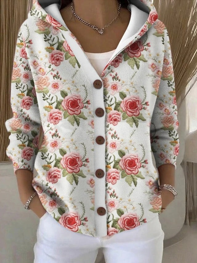 Woman showcasing a comfortable women's elegant hooded button sweater. Great for fall fashion, casual yet stylish.