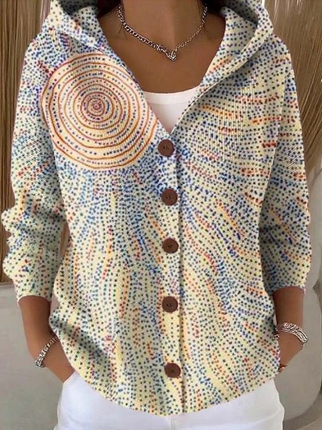 Comfortable chic women's hooded button jumper. Elegant long sleeve knitwear for versatile fall & winter layering.