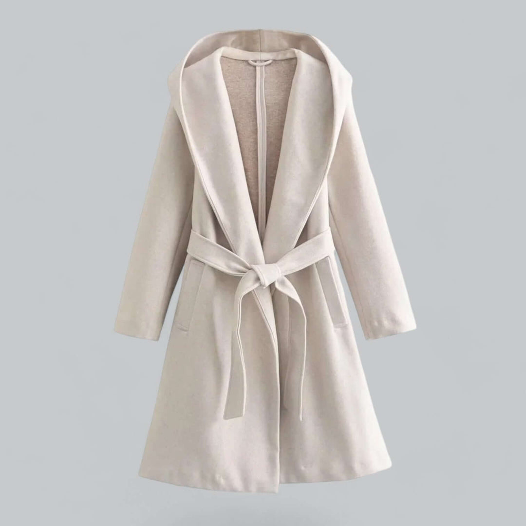 Elegant women's hooded long trench coat in classic black, perfect for fall and winter style.