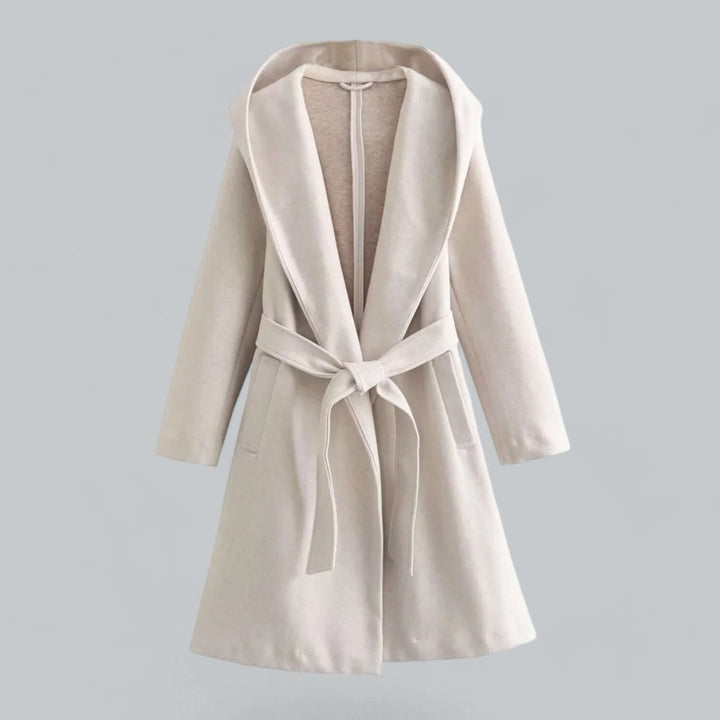 Elegant women's hooded long trench coat in classic black, perfect for fall and winter style.