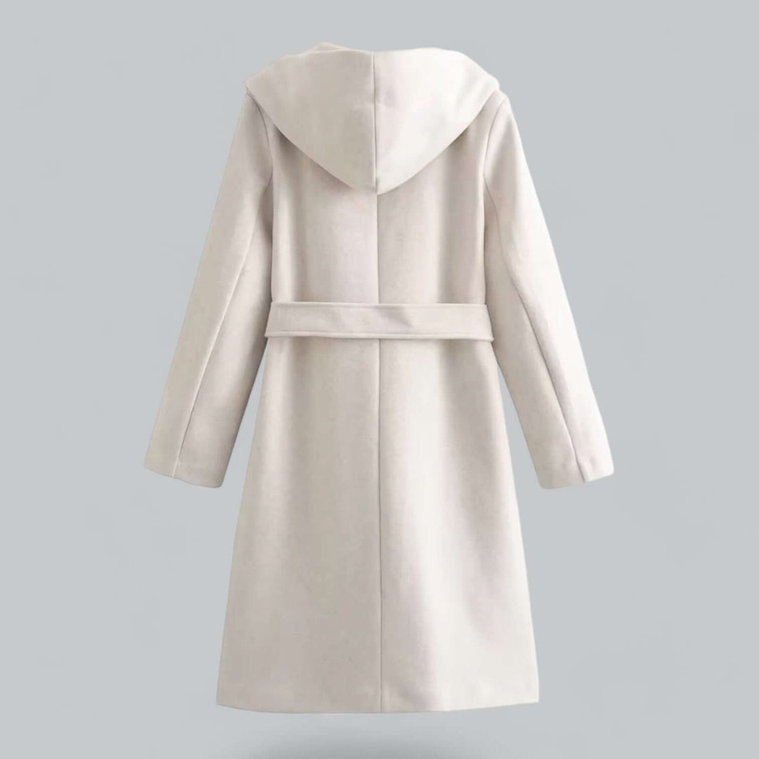 Chic women's long hooded trench coat with an adjustable belt, ideal for elegant fall outerwear.