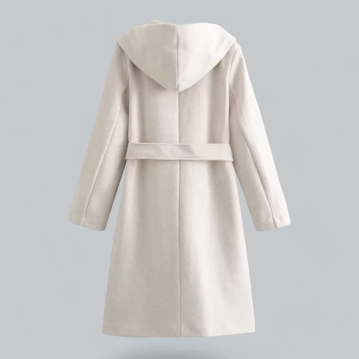Chic women's long hooded trench coat with an adjustable belt, ideal for elegant fall outerwear.