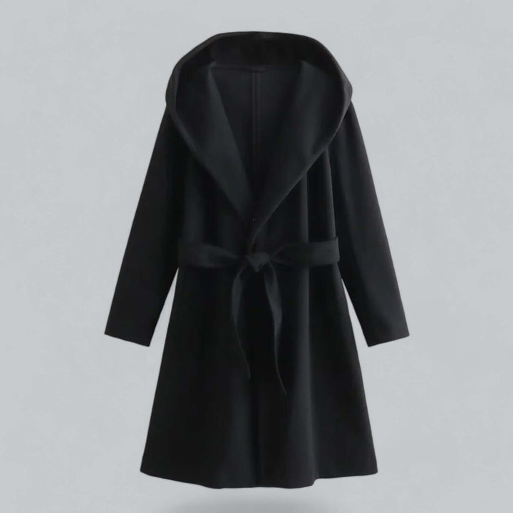 Women's hooded long trench coat, showcasing the protective hood and sleek, extended length.