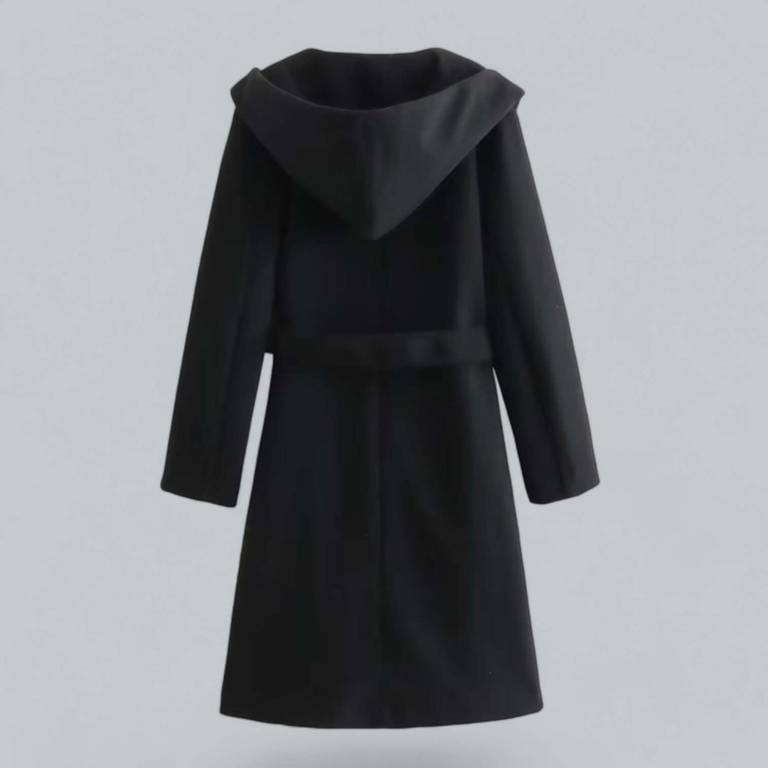 Fashionable women's long trench coat with a flattering silhouette and deep hood for winter style.