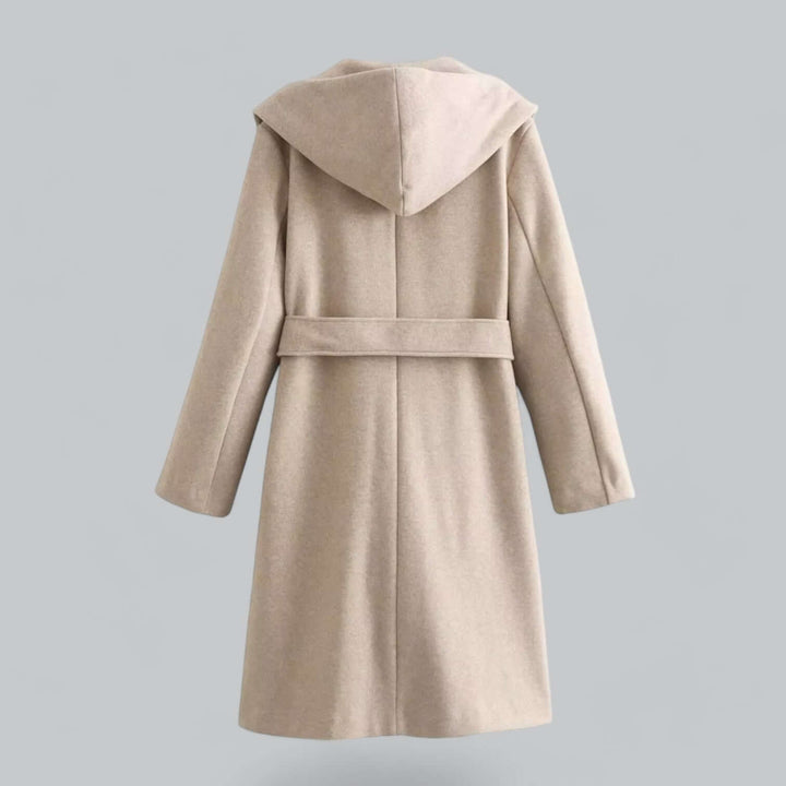 Sophisticated women's long belted trench coat with a cozy hood, a must-have for fall fashion.