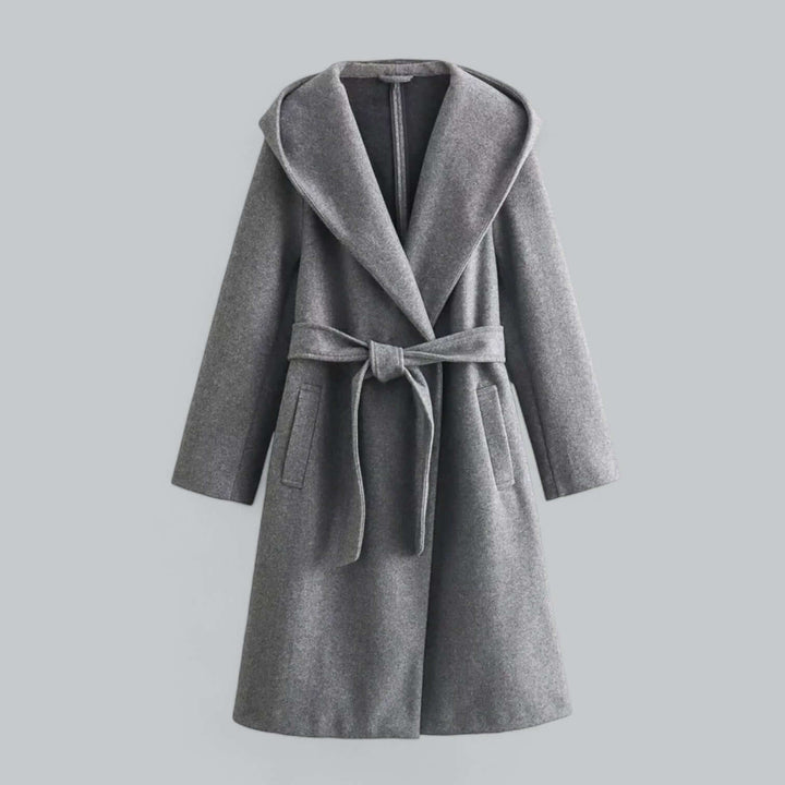 Classic women's hooded long trench coat, designed for warmth and style during cooler seasons.