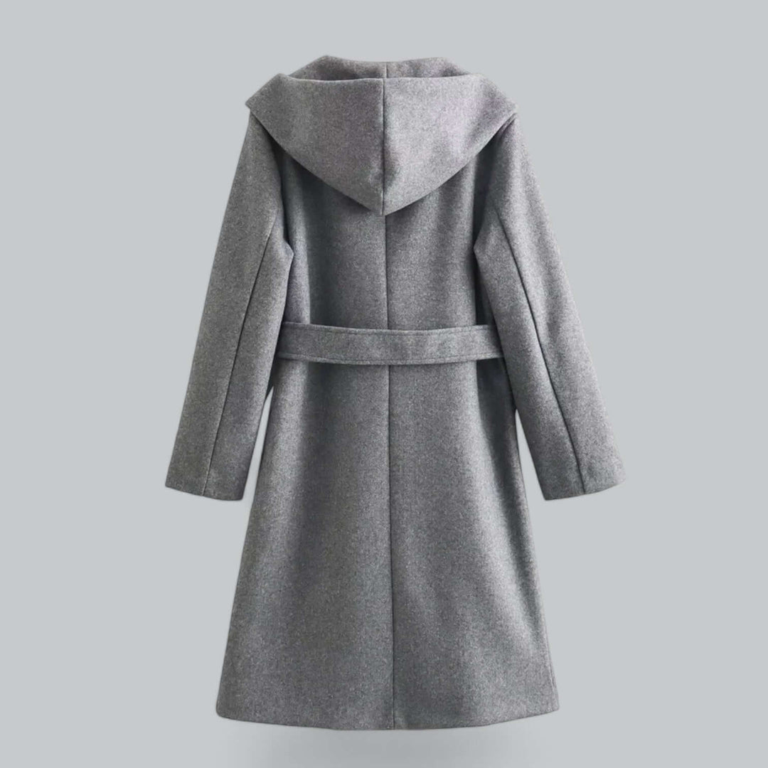 Stylish women's long jacket: a hooded trench coat with a tie-belt, enhancing any elegant outfit.