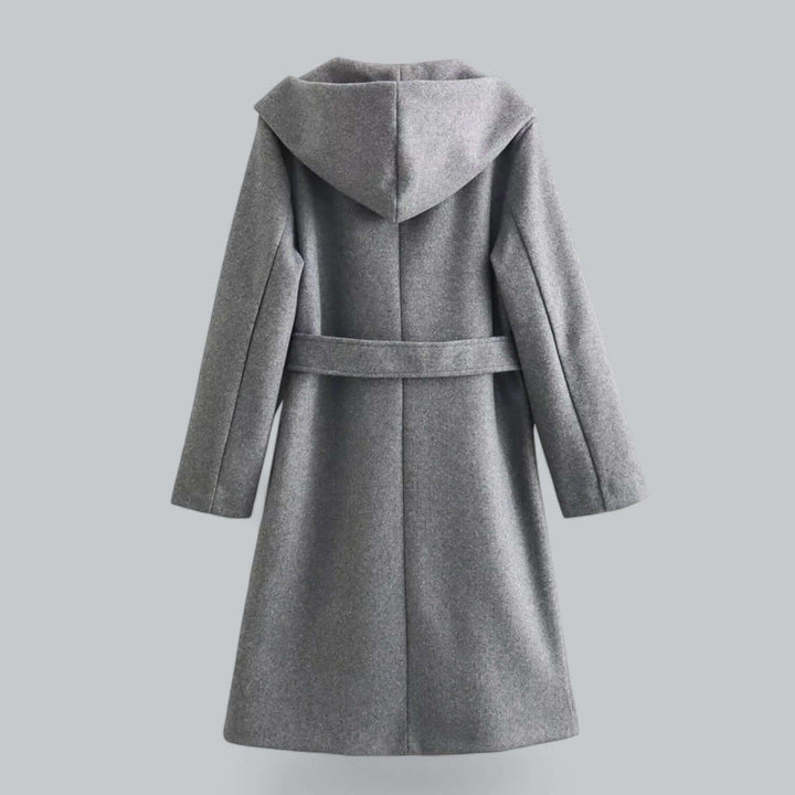 Stylish women's long jacket: a hooded trench coat with a tie-belt, enhancing any elegant outfit.