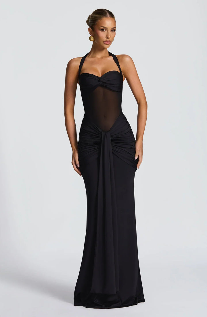 Figure-flattering women's hourglass silhouette maxi dress for elegant evening wear & special events.