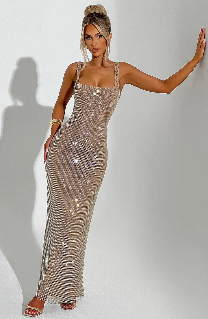 Sophisticated women's formal evening gown, an elegant hourglass maxi dress for galas & cocktail parties.