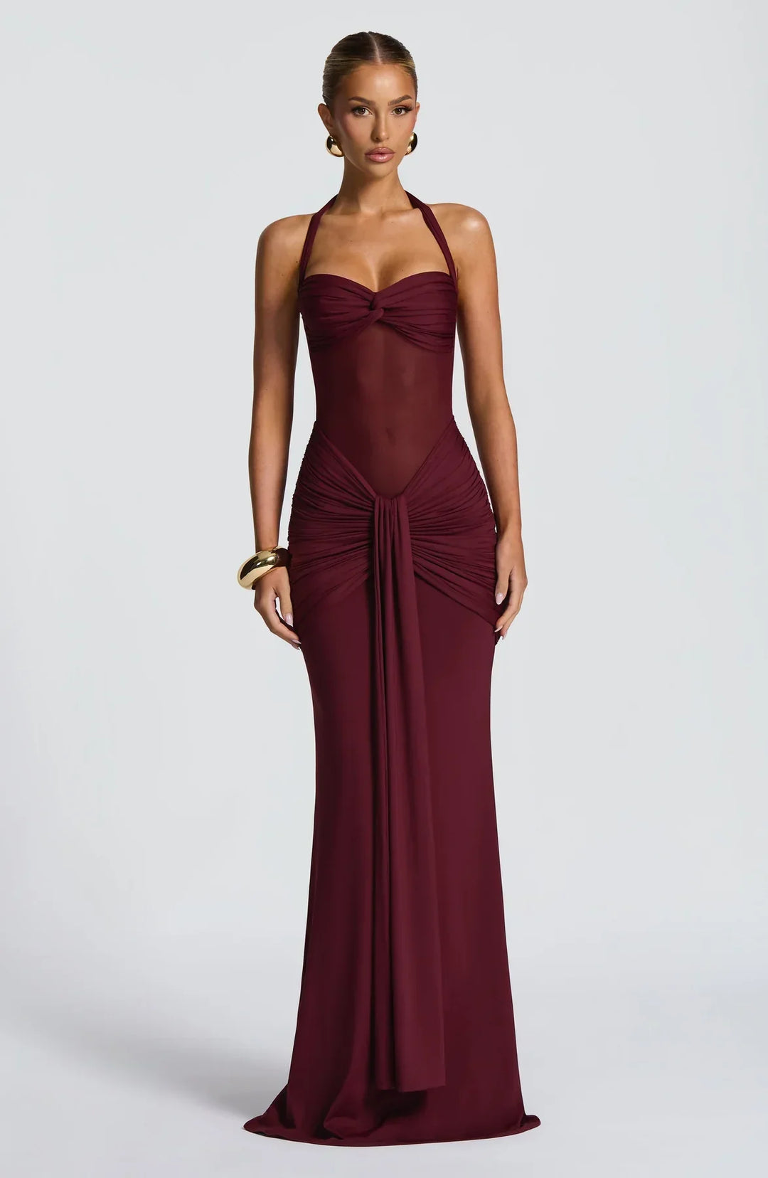 Sophisticated women's evening gown, a sleek hourglass silhouette maxi dress for formal events.