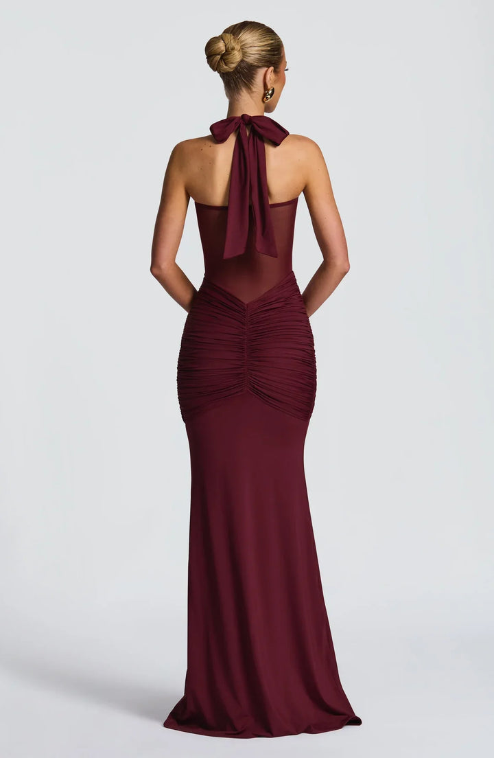 Women's elegant hourglass silhouette evening maxi dress. Perfect formal, cocktail, or party gown.