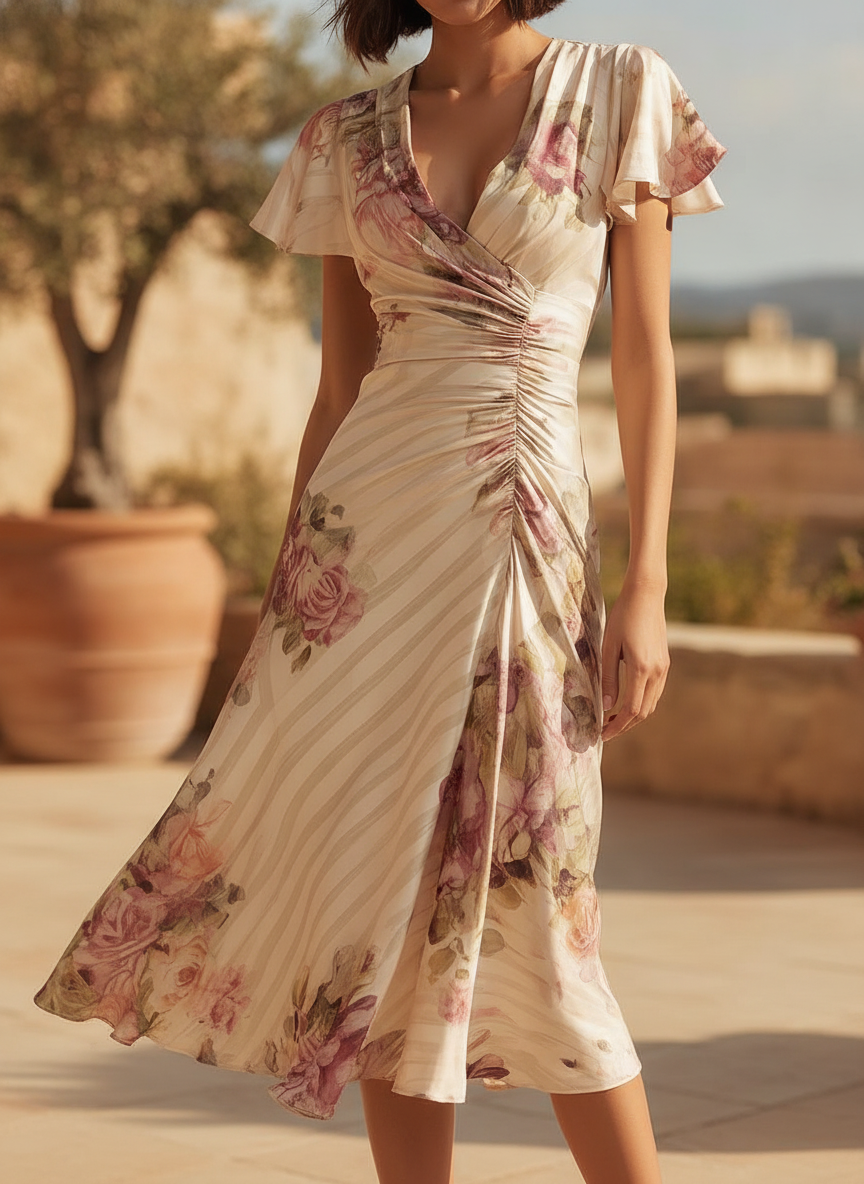 Elegant women's ivory floral ruched midi dress with a V-neck, perfect for garden parties & special events.