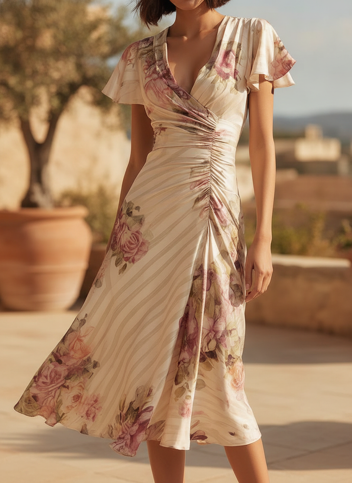 Elegant women's ivory floral ruched midi dress with a V-neck, perfect for garden parties & special events.