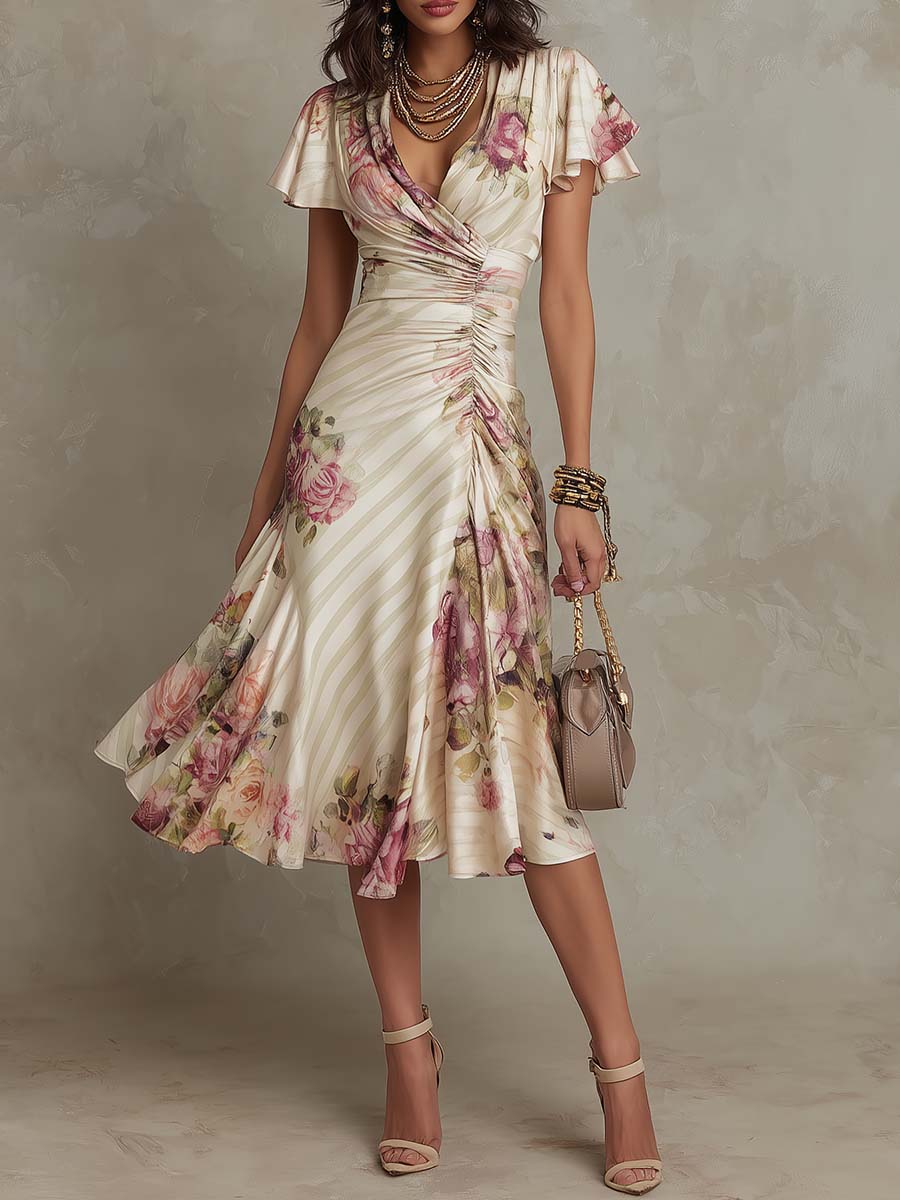 Stunning women's floral ruched midi dress, ideal for wedding guests, cocktail parties, or summer occasions.