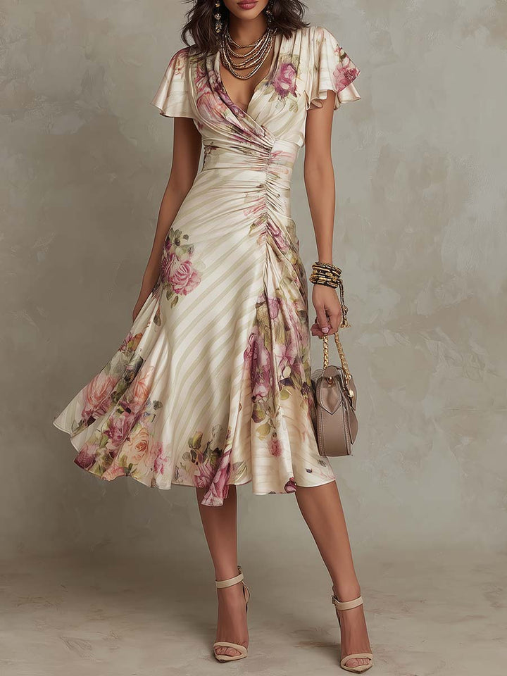 Stunning women's floral ruched midi dress, ideal for wedding guests, cocktail parties, or summer occasions.