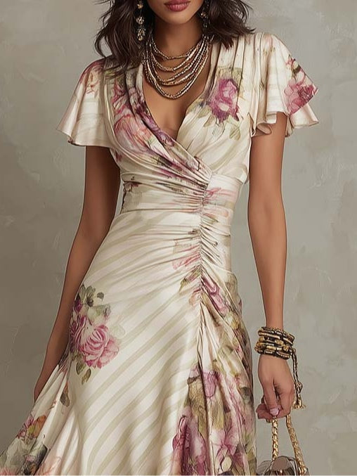 Chic women's floral ruched midi dress, an elegant choice for garden parties, summer events, or formal wear.
