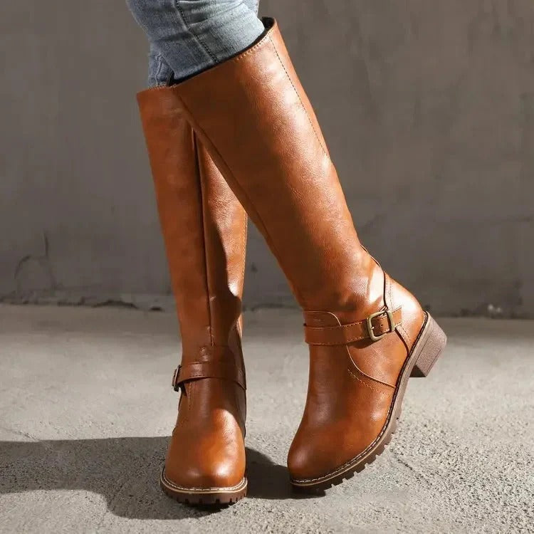 Women's elegant knee-high boots, sleek design with zipper. Chic tall footwear, perfect for winter style.