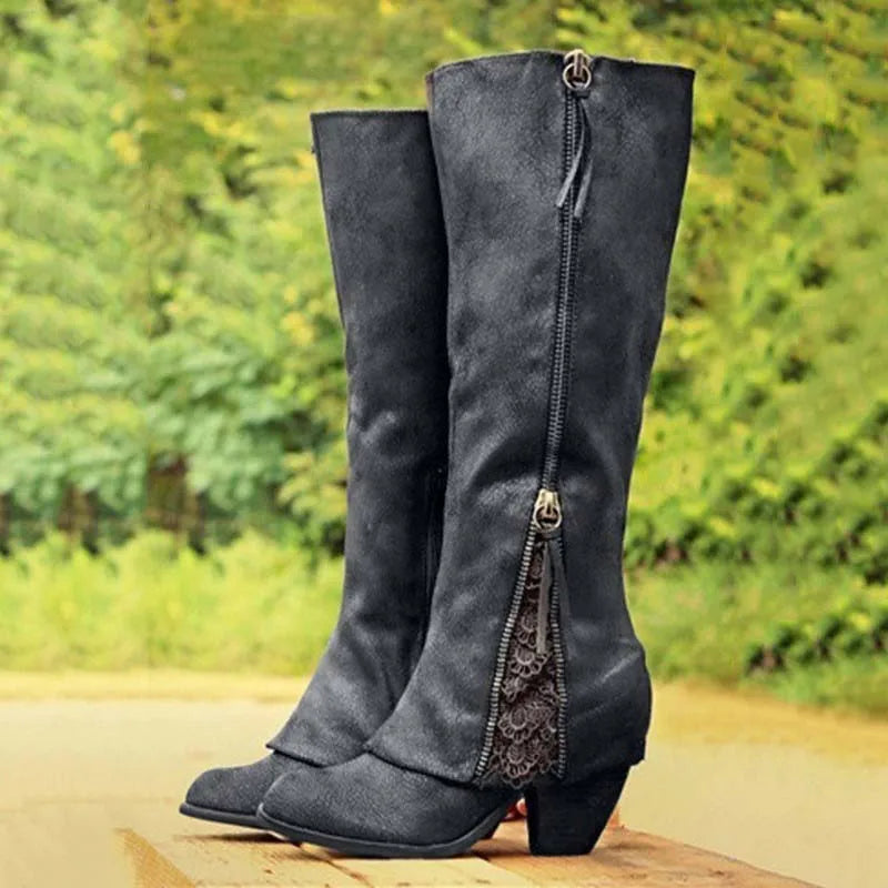 Fashionable women's knee-high boots with elegant lace detail & convenient side zip. Versatile for fall & winter style.