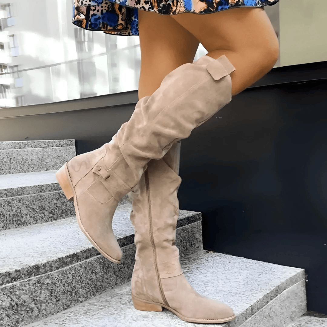 Elegant women's knee-high boots with sturdy block heel & stylish strap detail. Perfect for fall/winter fashion.