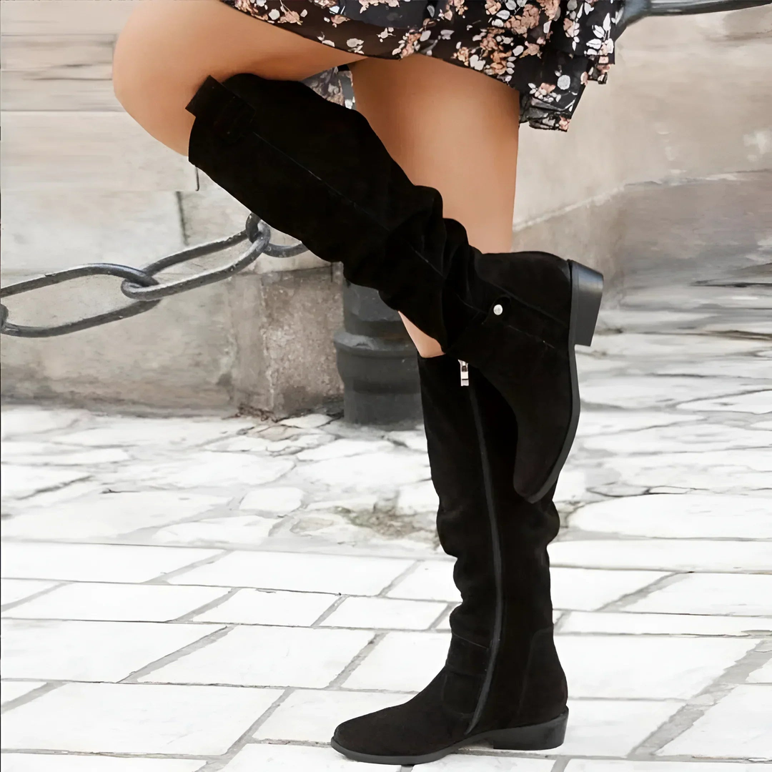 Women's elegant knee-high boots. Features a stable block heel & sophisticated strap detail for classic style.