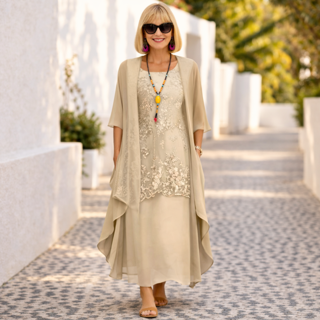Flattering women's knee-length dress, featuring elegant smocked patchwork for versatile spring & summer wear.