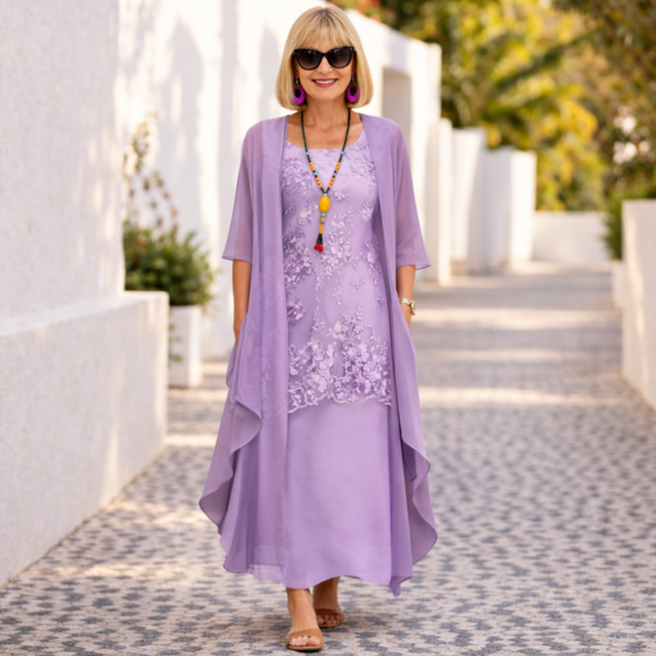Knee-length women's party dress. Elegant patchwork & smocked detail creates a flattering, versatile casual look.