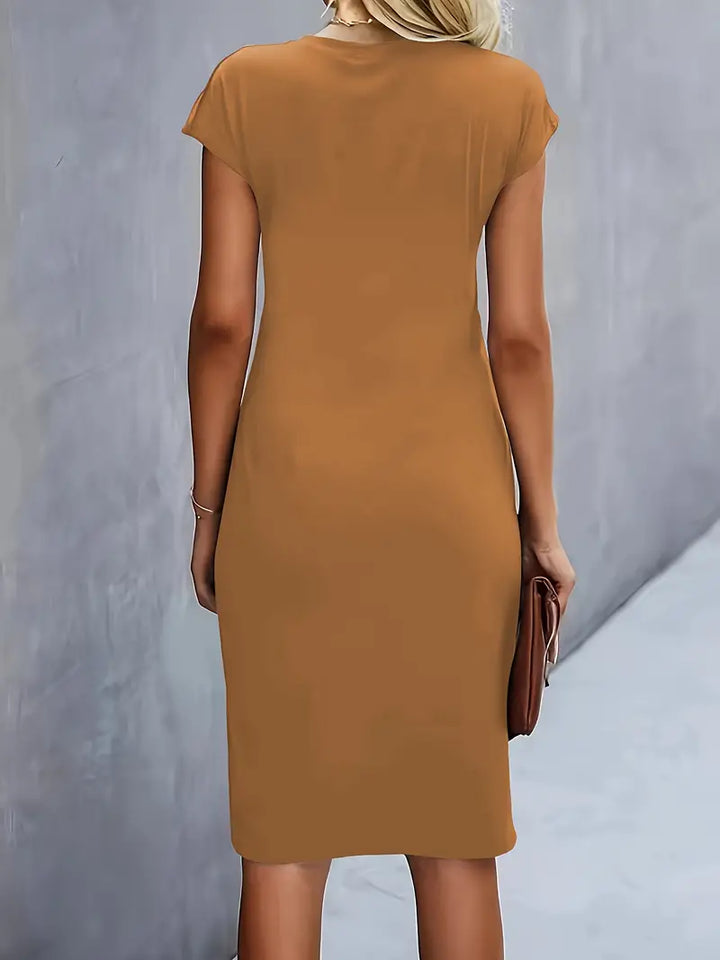 Women's versatile formal dress, knee-length sheath style featuring an elegant ruched waist.