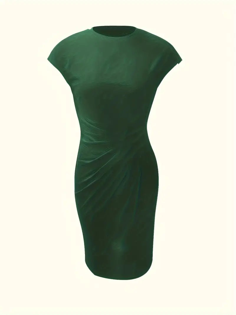 Classic women's formal cocktail dress, knee-length sheath silhouette with an elegant ruched waist.