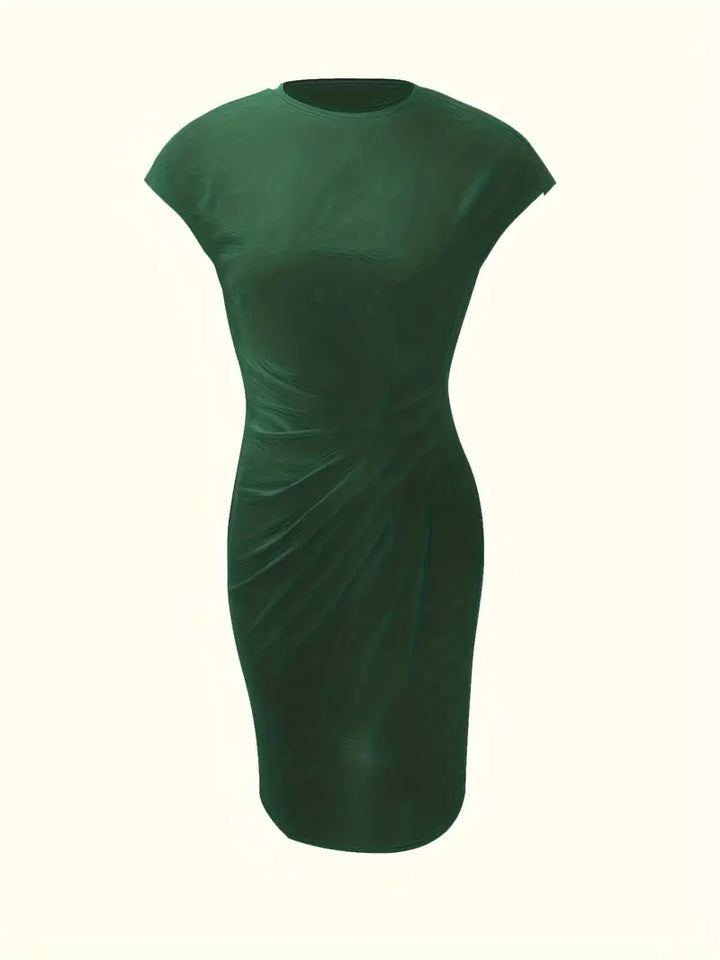 Classic women's formal cocktail dress, knee-length sheath silhouette with an elegant ruched waist.