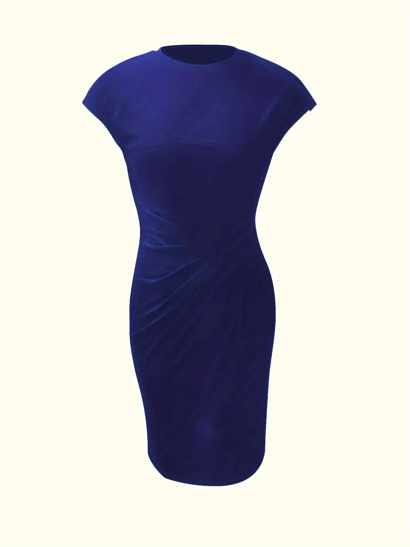 Formal women's evening wear: chic knee-length sheath dress with a flattering ruched waist.