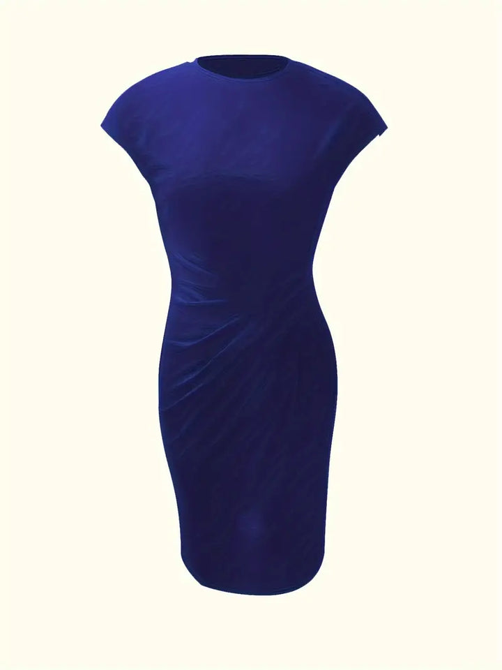 Formal women's evening wear: chic knee-length sheath dress with a flattering ruched waist.