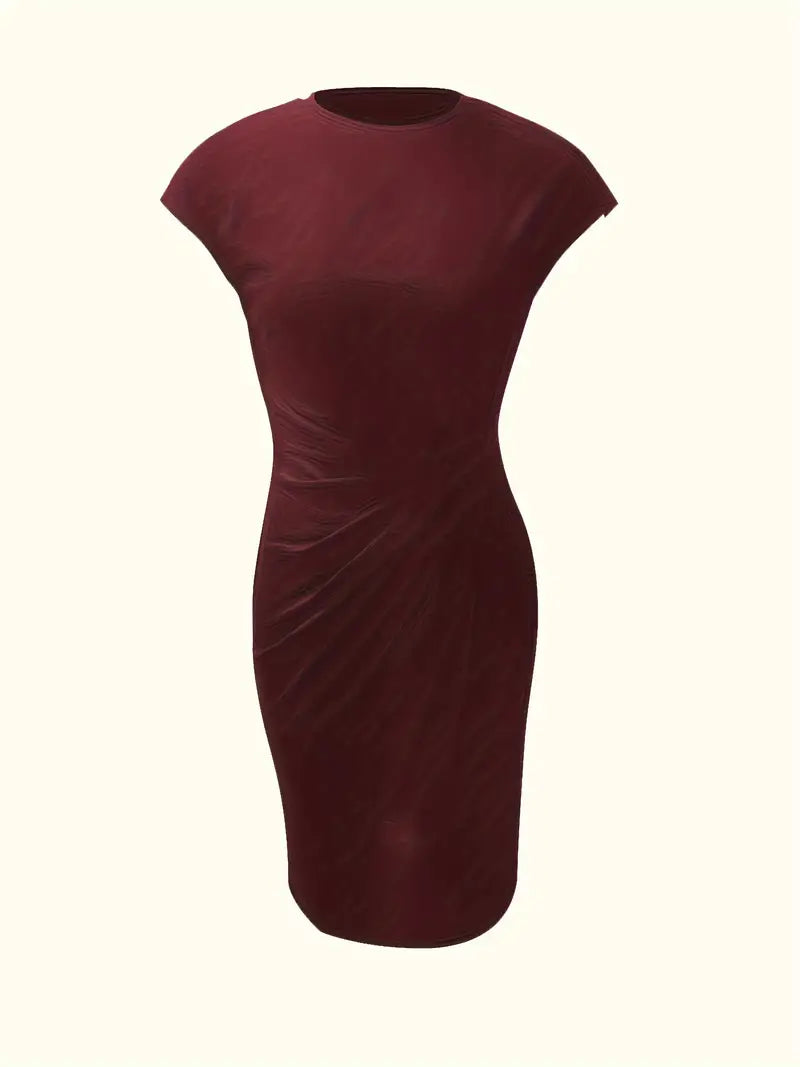 Sophisticated women's evening party dress, knee-length sheath with a flattering ruched waist.