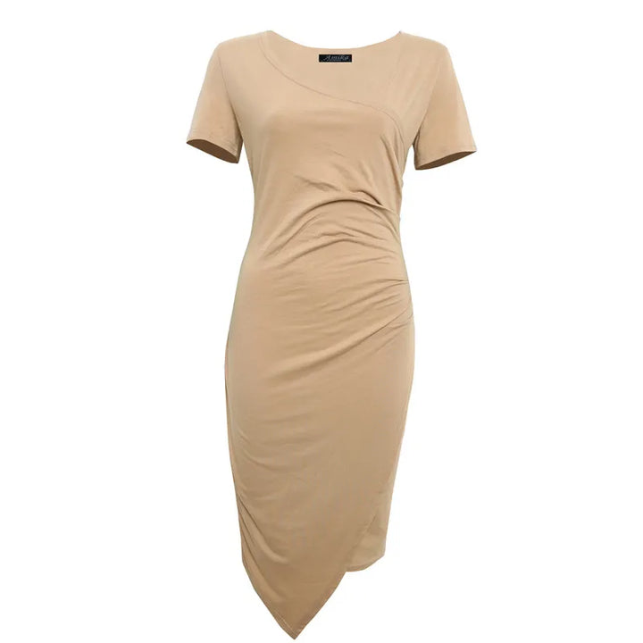 Elegant women's knee-length dress, bodycon sheath with a ruched waist, versatile for any occasion.