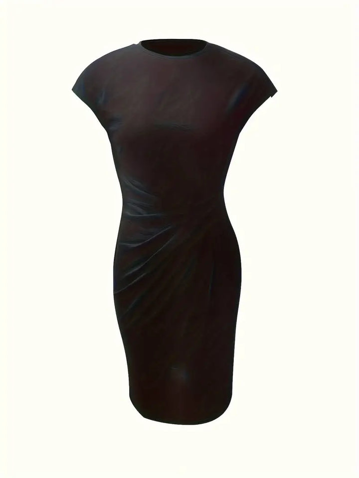 Formal cocktail party dress for women, a sophisticated knee-length sheath with a chic ruched waist.