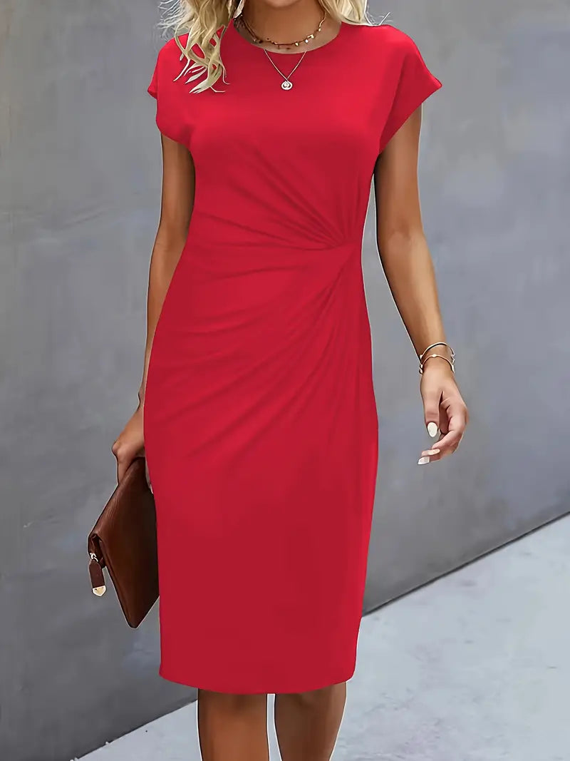 Ruched waist sheath dress, elegant and knee-length, ideal for women's evening or formal wear.
