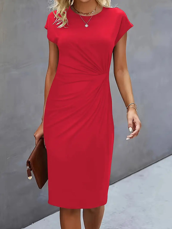 Ruched waist sheath dress, elegant and knee-length, ideal for women's evening or formal wear.