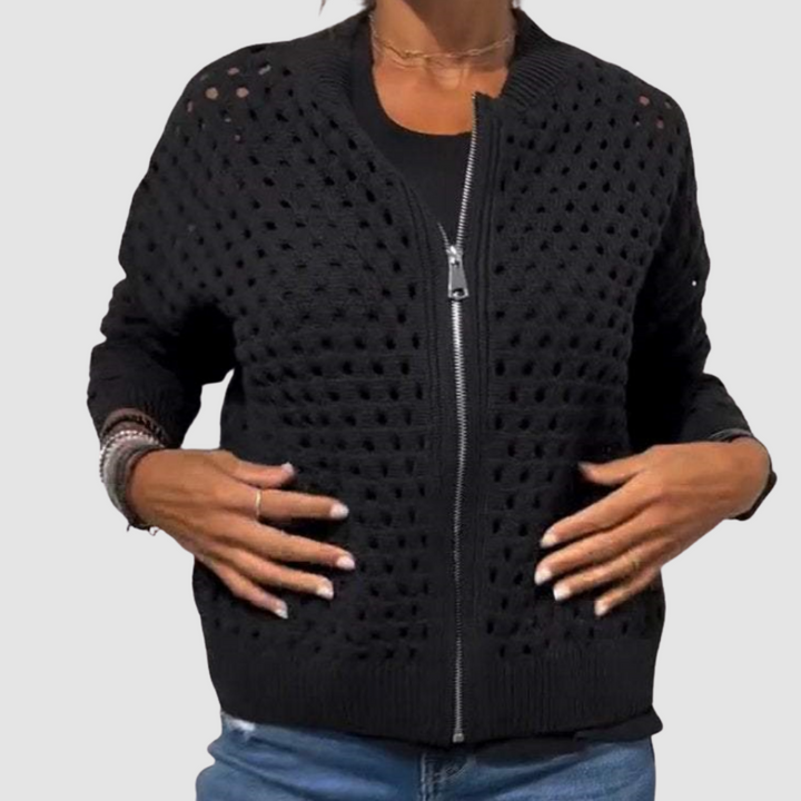 Comfortable women's zipper knitted cardigan. Stylish long sleeve layering top for casual chic outfits.