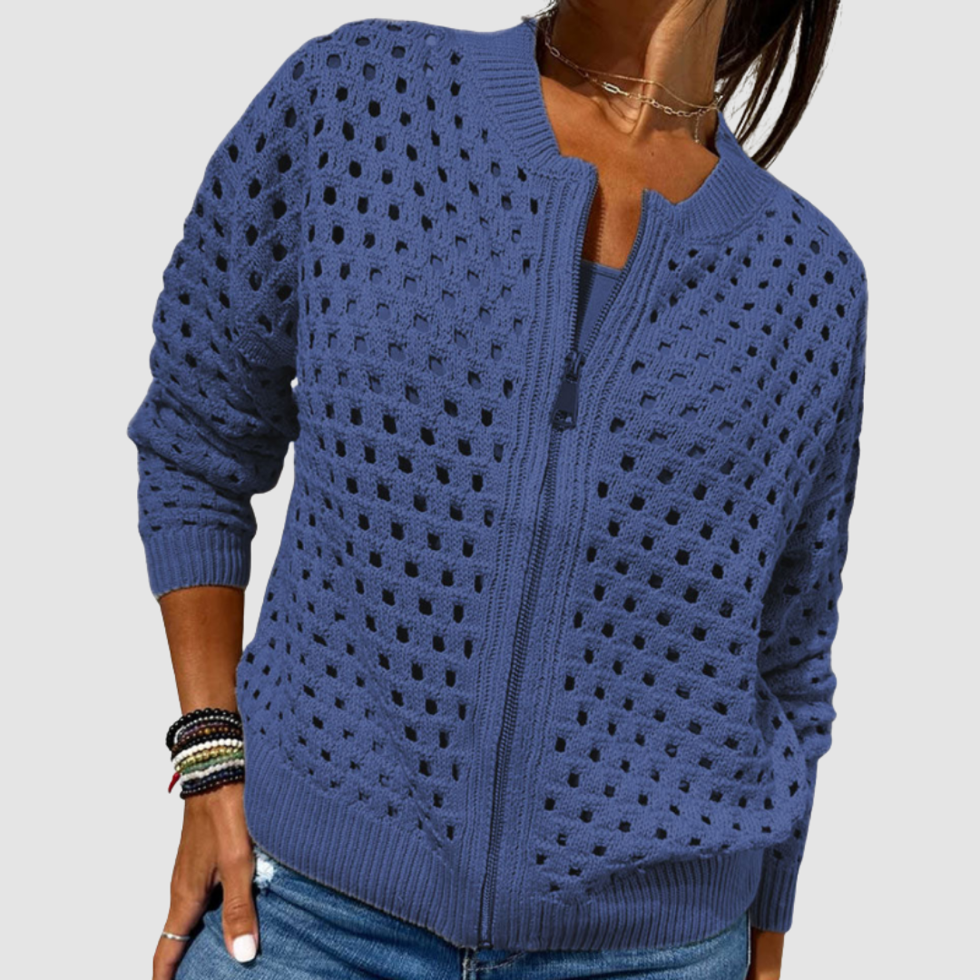 Chic women's long sleeve knitted cardigan with a practical zipper, an elegant sweater for outerwear.